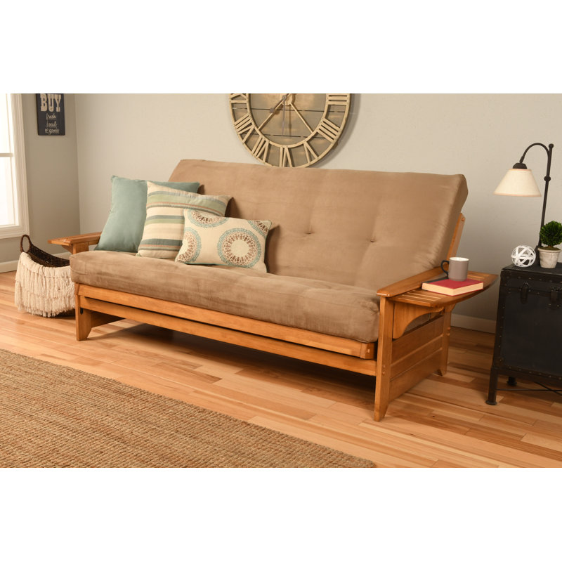 Futon double avec matelas Johnte, Suède suédine, Ressorts hélicoïdaux, Noyer cendré