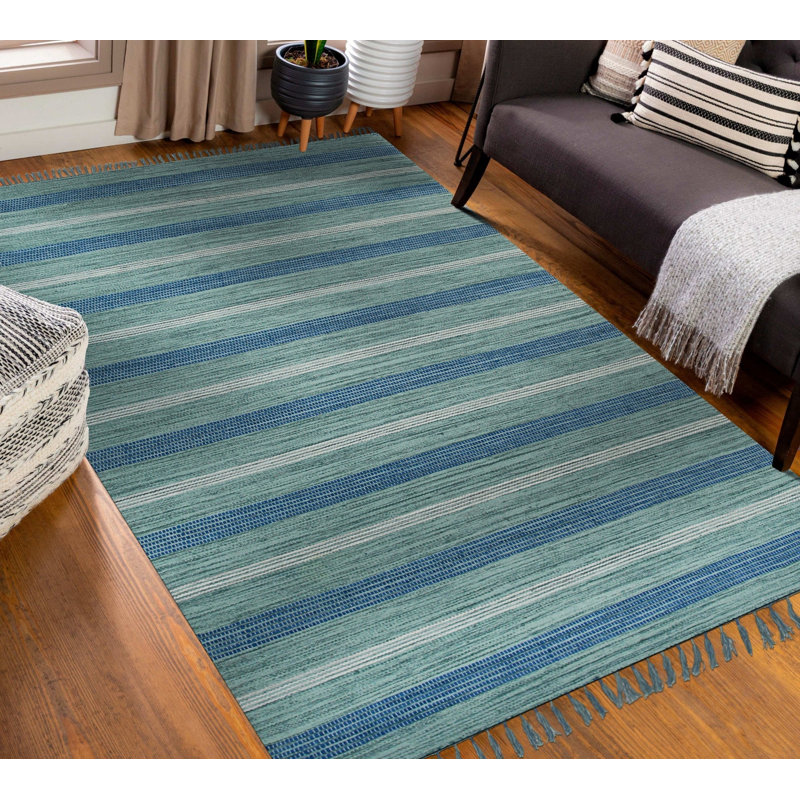 Tapis rayé et bambou en soie tissé à plat turquoise / noué à la main Steinman