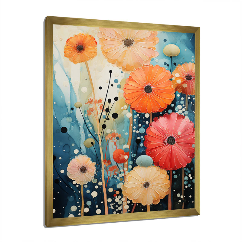 Luvenia corail bleu sarcelle contrastant contrastes II sur toile, Encadrement doré, H 32 po x l 16 po x P 1 po