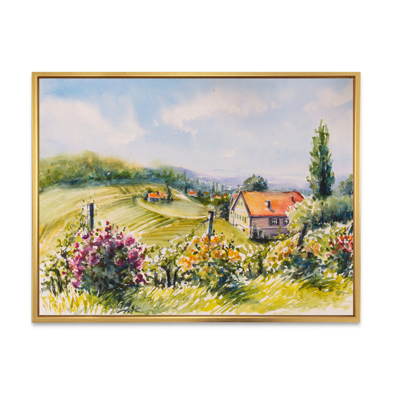 " Little House In The Green Countryside " Painting Print, 16" H x 32" W x 1" D, Gold Floater Framed