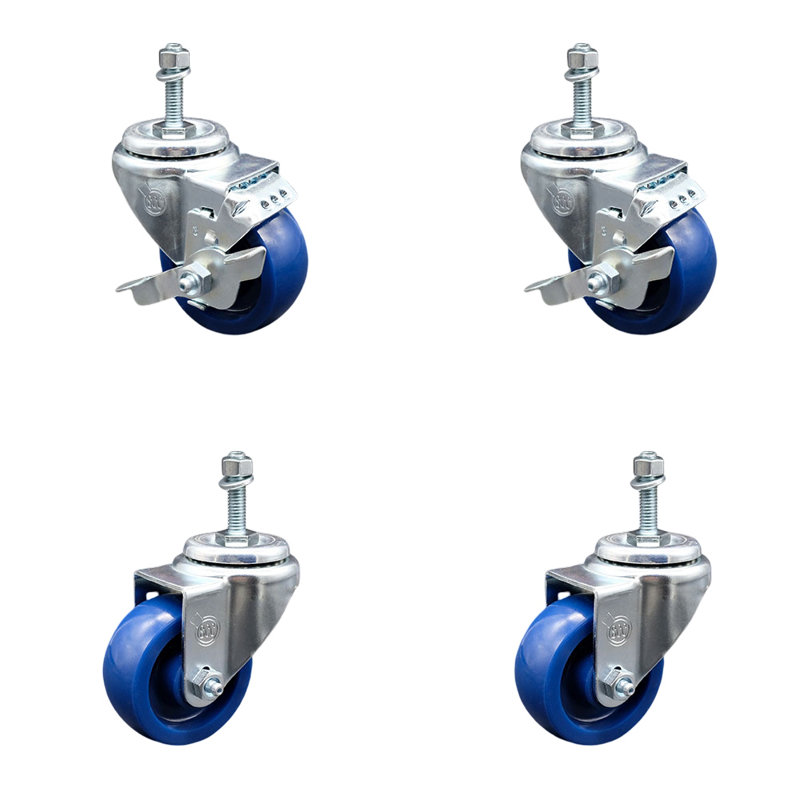 Ensemble de roulettes à tige filetée en polyuréthane rotatif de 3 pouces de 10 mm et 2 freins
