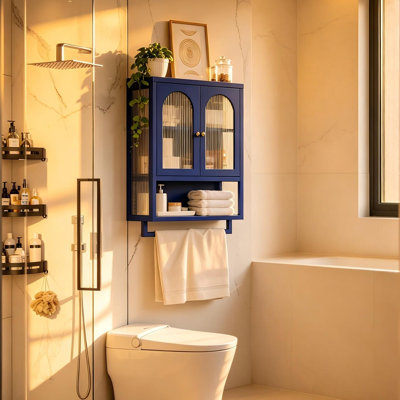 Wall Cabinet with Fluted Glass Doors, Adjustable Shelf, and Towel Rack for Bathroom, Kitchen
