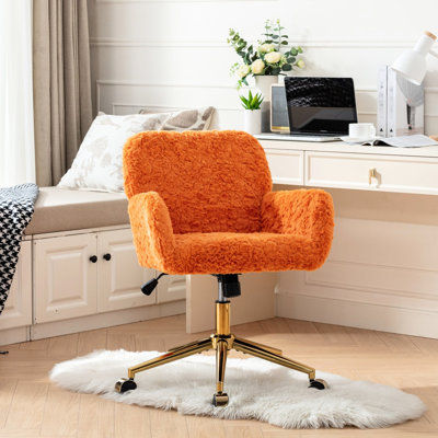Fauteuil de bureau orange avec coussin en laine d'alpaga artificielle, base en métal doré, capacité de bureau inclinable ajustable de 40 mm en laine de 320 mm, plus grand, pour la chambre à coucher