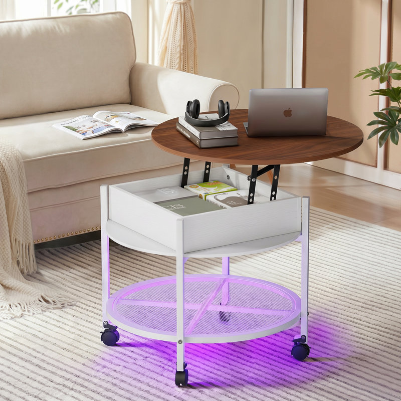 Lift Top Round Coffee Table With Rgb Led Lights, Rolling Storage Table With Lockable Casters For Living Room, Brown/White