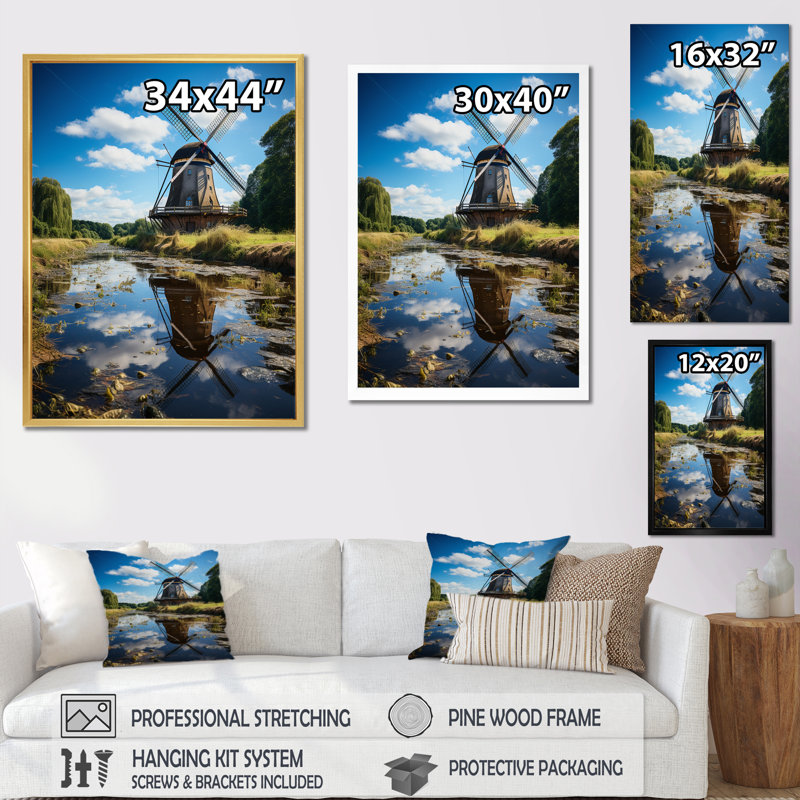 Uchida Holland Windmill Reflections I - reproduction sur toile, Cadre photo blanc, H 32 po x l 16 po x P 1 po