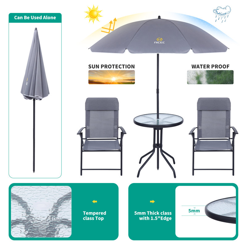Miarah 4-Piece Patio Dining Set with Umbrella, Glass Table & 2 Folding Chairs for Garden or Balcony (Grey)
