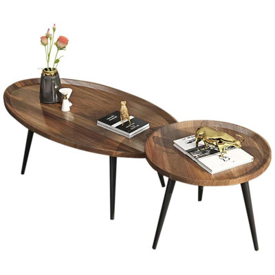 Mid Century Modern Coffee Table Nesting Coffee Table Set Of 2 Oval + Round Side Table Set For Living Room Bedroom Small Space