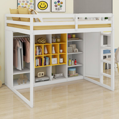 Lit mezzanine en bois avec garde-robe, tablettes et armoire