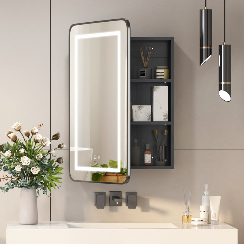 Ayyat Rectangle LED Mirror Cabinet with 3 Shelves, Wall Mounted Bathroom Storage, 76cm H x 50cm W x 11.5cm D