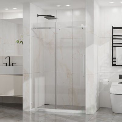 Porte de douche sans cadre, verre trempé transparent l 48 x H 72 avec revêtement facile à nettoyer, largeur réglable, acier inoxydable 304 robuste, porte de douche