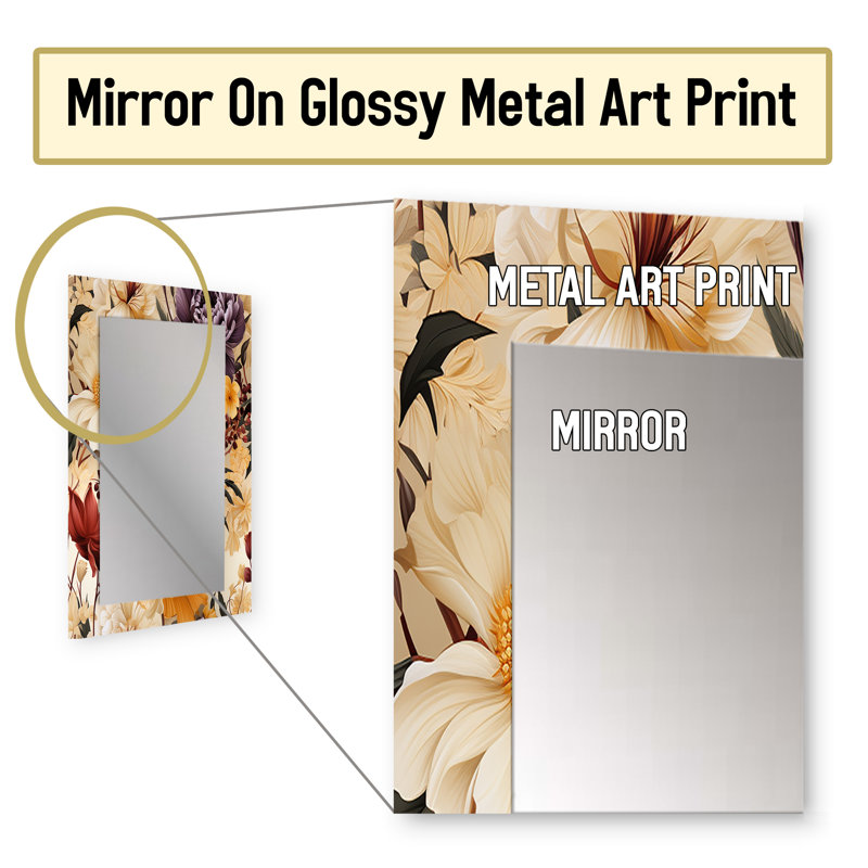 Caisey Beige And Purple Cottage Flowers Composition - Floral Decorative Mirror, Floral Wall Mirror, Printed Metal Art