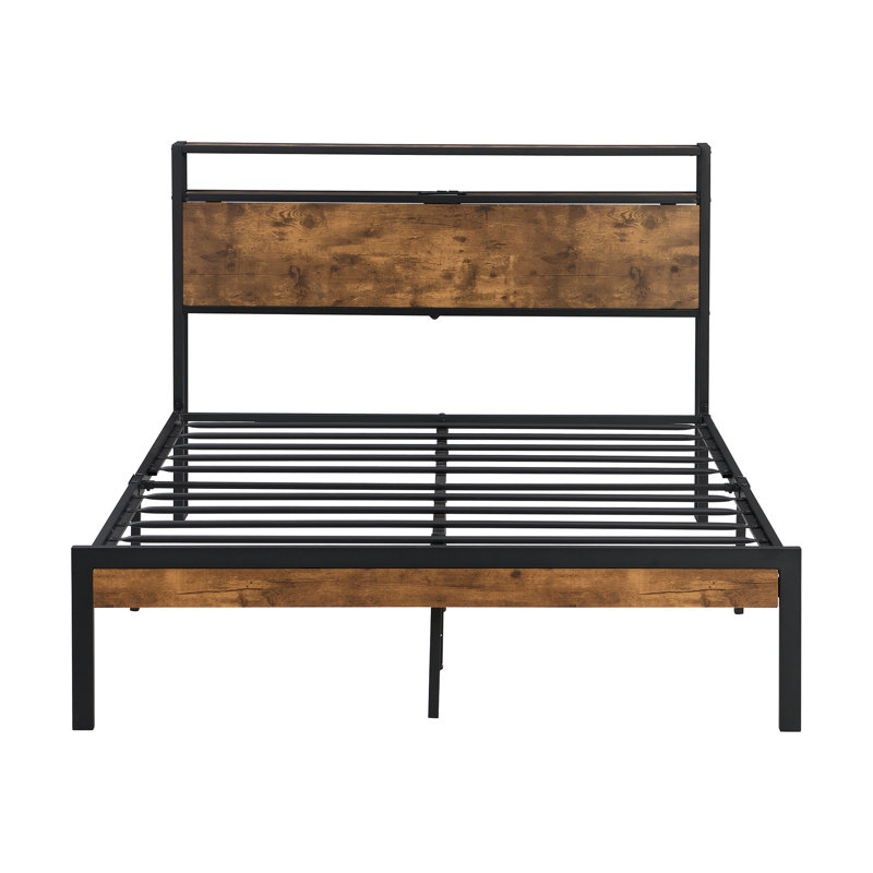 Structure de lit plateforme pleine grandeur en métal avec tête de lit et pied de lit en bois avec doublure USB, pas de sommier tapissier, grand rangement sous le lit, assemblage facile