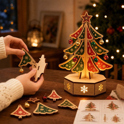 Casse-tête de sapin de Noël 3D en bois lumineux DEL à monter soi-même, à poser sur une table : cadeau de Noël pour adultes.