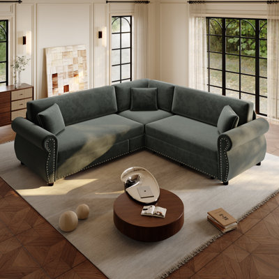 88.2" Convertible L-Shaped Sleeper Corner Sectional with Pull-Out Queen Bed, Nailhead Trim, Rolled Arms, Chenille Upholstery