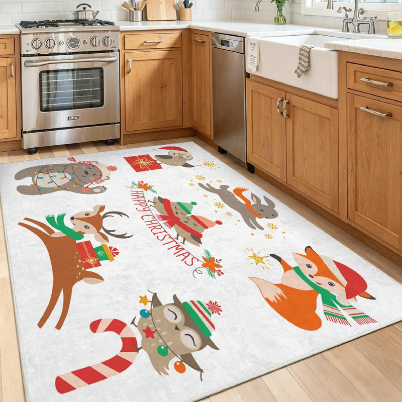 Tapis blanc lavable à la machine à motif de Noël avec bois, Rectangle 39 po x 63 po
