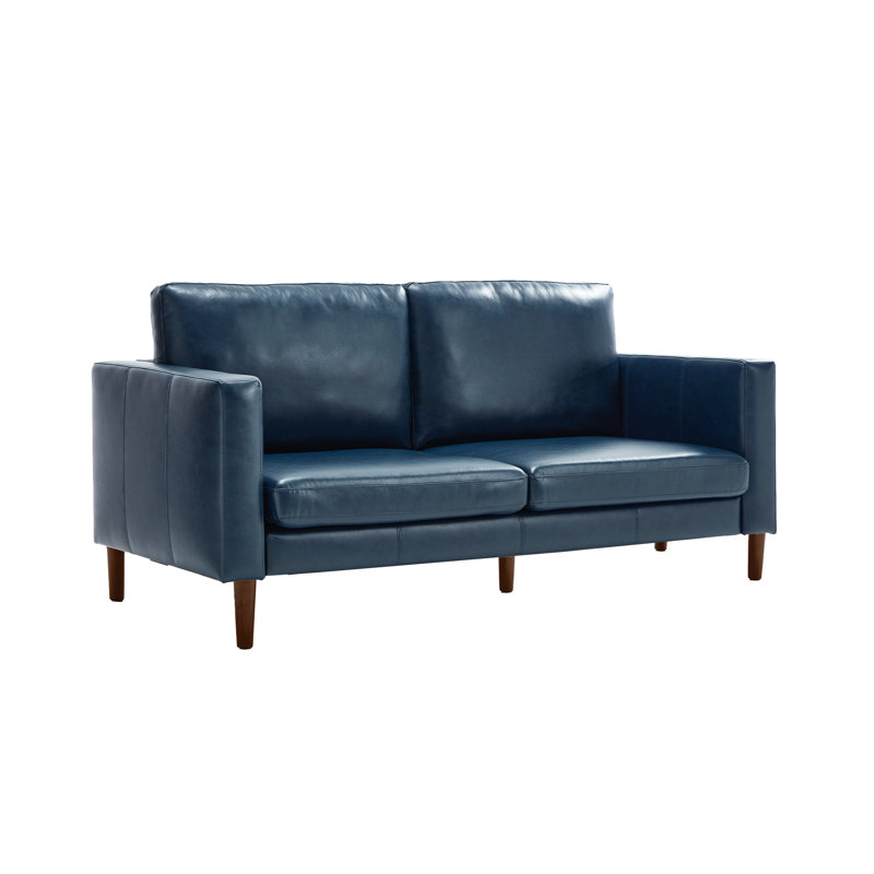 Ashvini 65" W Faux Leather Square Arm Loveseat with Reversible Cushions, Royal Blue/Dark Brown Wood