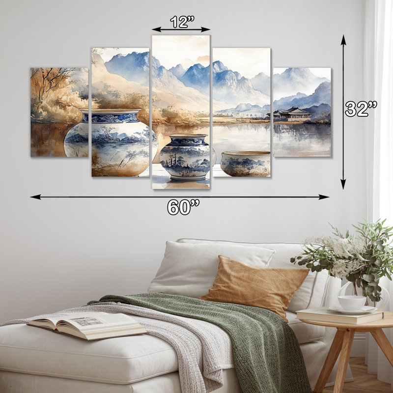 Ensemble de salon art mural bleu et orange China Pottery Tranquility III - Boho Pottery