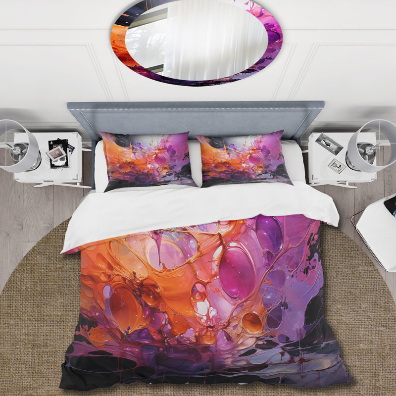 Ensemble de housse de couette orange mauve à motif abstrait fractal, Housse de couette très grand et 2 très grandes t