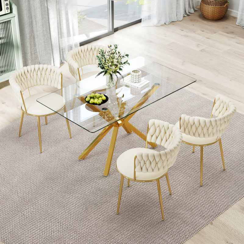 Rectangle Pedestal Dining Set with Modern Weaven Velvet Dininig Chair, Beige, 5 Pieces: Table, 4 Chairs, Gold