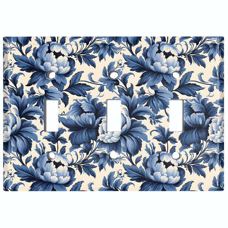 Metal Light Switch Plate Outlet Cover (Elegant Damask Blue Flower White - Triple Toggle)
