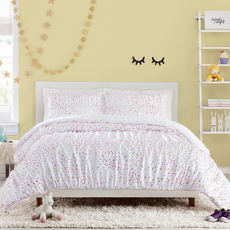 Iridescent Stars Ruched White Microfiber Comforter Set, Full/Queen Comforter + 2 Shams