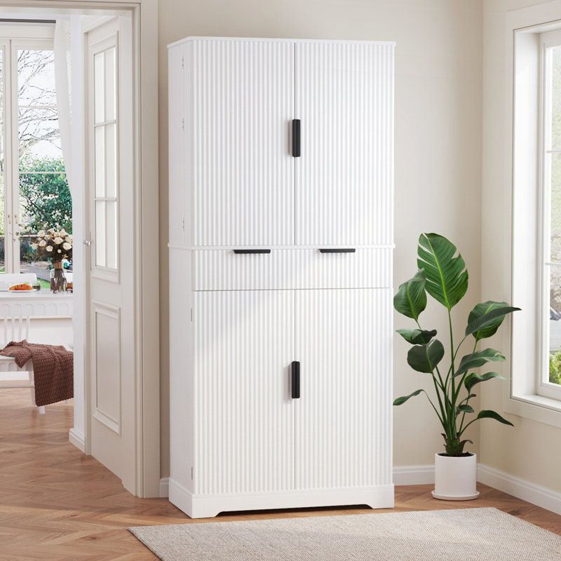 Armoire de cuisine Ã  caissons cannelÃ©s avec 3 tiroirs Ã  claviers et 6 tablettes rÃ©glables, White