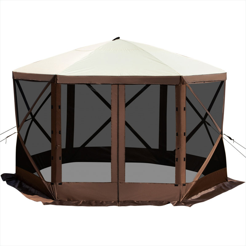 Camping Gazebo Screen Tent, 12*12Ft, 6 Sided Pop-Up Canopy Shelter Tent With Mesh Windows, Portable Carry Bag, Stakes, Large Shade Tents For Outdoor Camping, Lawn And Backyard, Brown/Beige