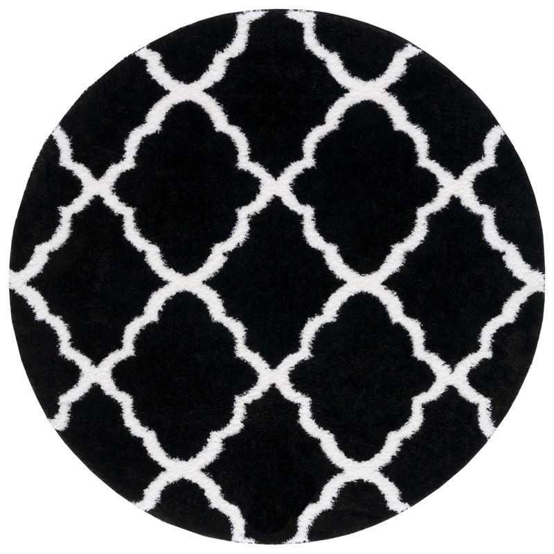 Tapis noir et blanc à motif géométrique, Rond 6 pi 7 po
