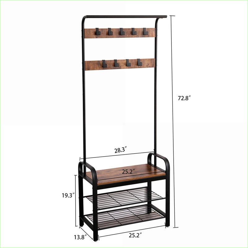 Coat Racks, 4-in-1 Rustic Brown Hall Tree with Shoe Bench, 9 Hooks &amp; Rod, 13.8x25.2x72.8 Inches | Brown | MDF+Metal