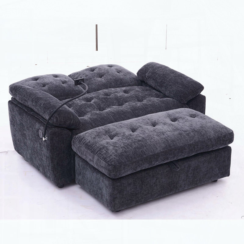 Double Recliner Sofa with USB Charging and Storage Ottoman, Black