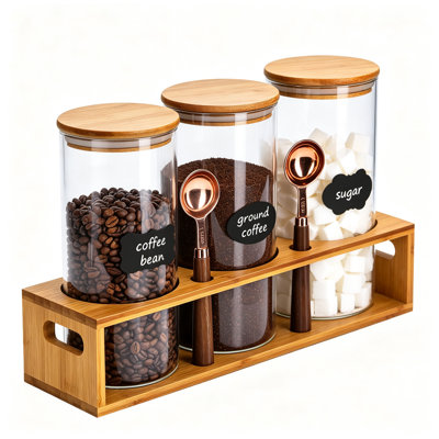 Airtight Glass Coffee Canisters, 3-Piece 44 oz Coffee Bean Storage Set with Shelf