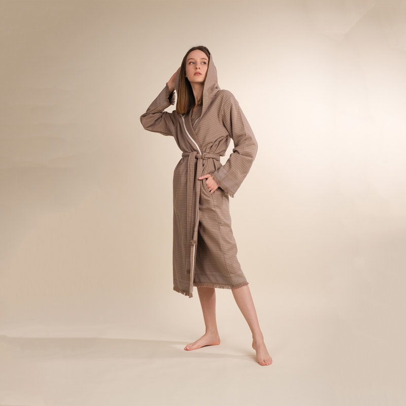 Peignoir 100% coton mi-mollet avec poches et capuche, G / TG, Beige