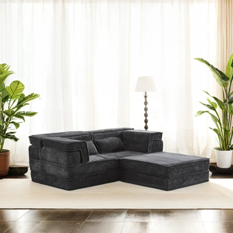 Compression Mahjong Sofa,Convertible Floor Sofa Bed,DIY Boneless Modular Sectional Sofa,No Assembly Required,Circle fleece fabric,Oversized 2 Seater with 1 Ottoman,Dark-grey