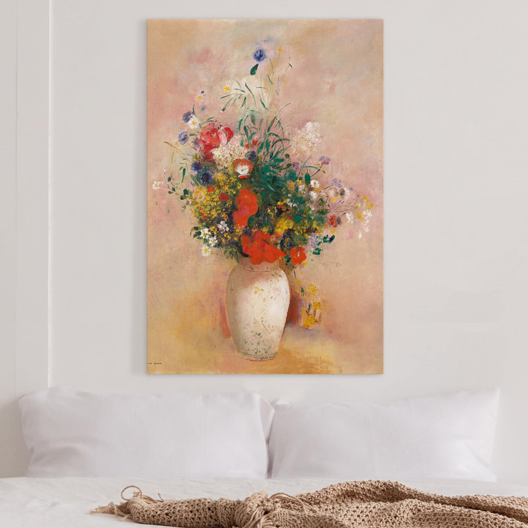 Leinwandbild Vase mit Blumen (Rosenfarbener Hintergrund) von Odilon Redon