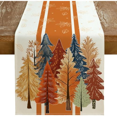 Chemin de table rayé 33 x 229 cm, motif aquarelle d'automne (arbres et feuilles d'érable), style rustique, idéal pour la cuisine, la salle à manger ou les soupers de fêtes (intérieur/extérieur), couleur orange.
