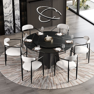 Dining Table Set With 51'' Round Faux Marble Table Top With Lazy Susan And 6 Fabric Dining Arm Chairs