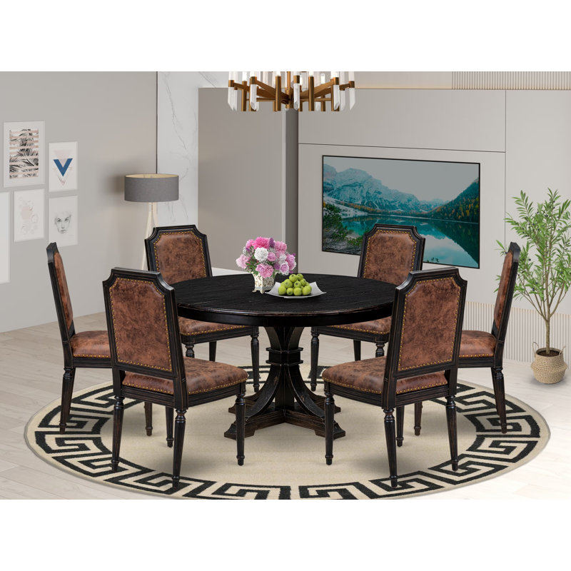 Ensemble de table de cuisine 7 pièces avec 6 chaises de cuisine en polyester texturé brun, haut dossier et une table de cuisine au fini noir sablé.