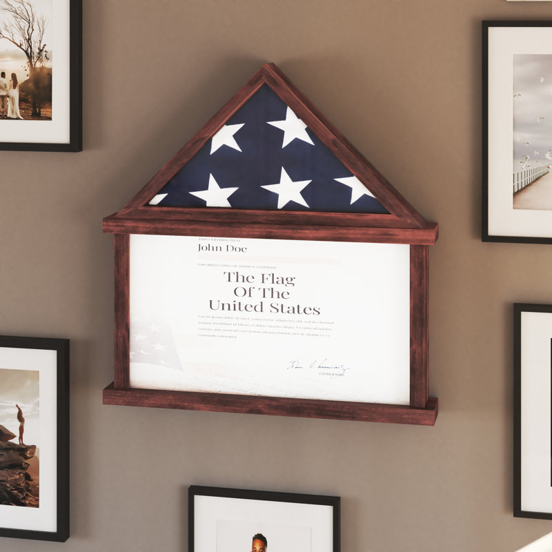 Quincy Memorial Flag Display Case with Certificate Holder, Pine Wood Shadow Box for Flag, Certificate, Dark Brown