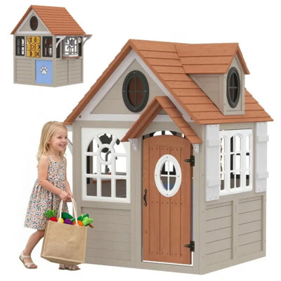 Wooden Outdoor Kids Playhouse with Dog Door, Cookware, Blackboard & Tic-Tac-Toe Roller