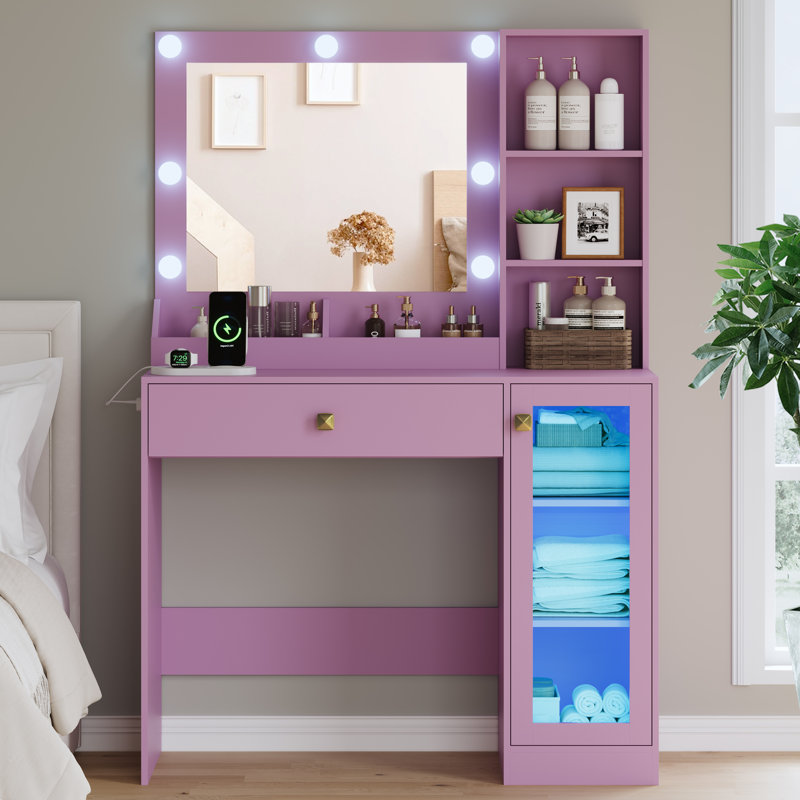 Small Makeup Vanity Table With Mirror And Lights, Violet