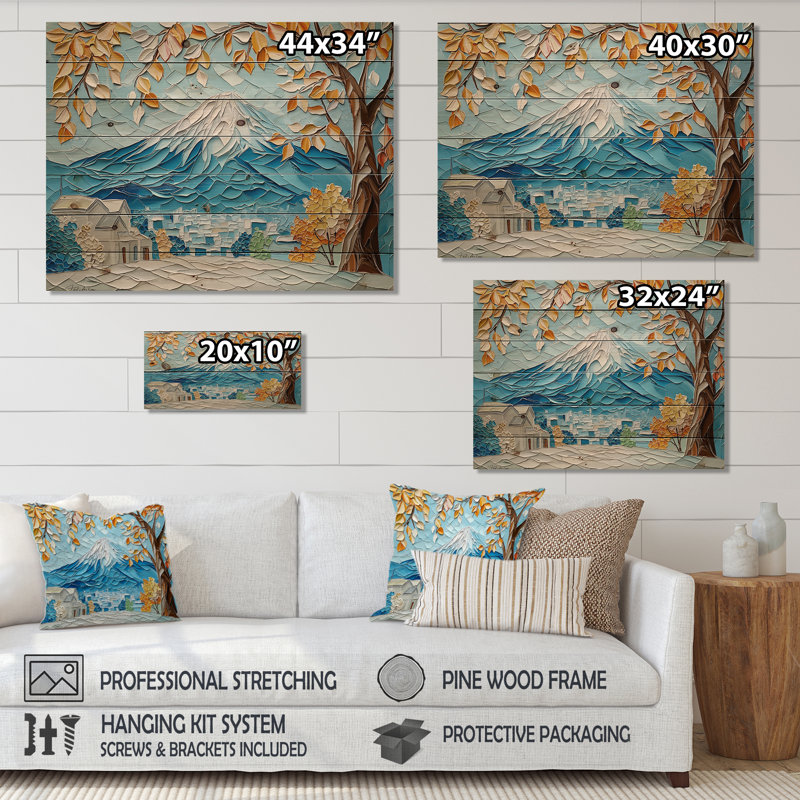Abstrait, Mont Fuji au Japon II - Art mural en bois sur bois de pin naturel, H 34 po x l 44 po