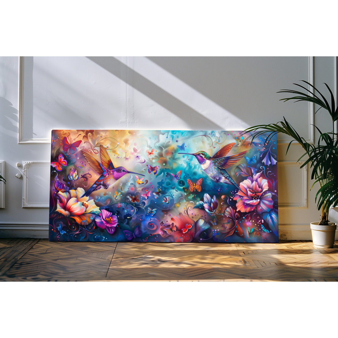 Wandbild 120x60cm Farbenfrohes Kunstwerk Kolibris Blumen Schmetterlinge