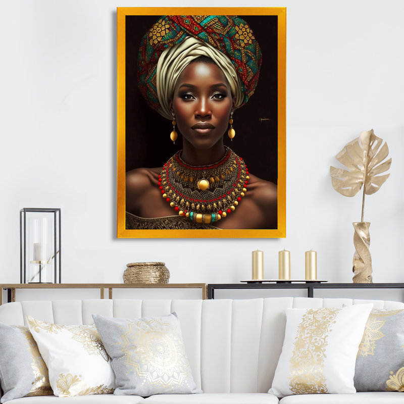 «Elliyah African Queen» avec un collier traditionnel sur toile, H 32 po x l 24 po x P 1 po, Encadrement doré