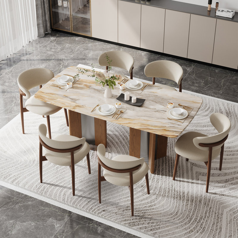 7-piece Dining Table Set With Faux Marble Tabletop, Premium Wood & Stainless Steel Base, 6 Upholstered Linen Fabric Dining Chairs With Solid Wood Legs