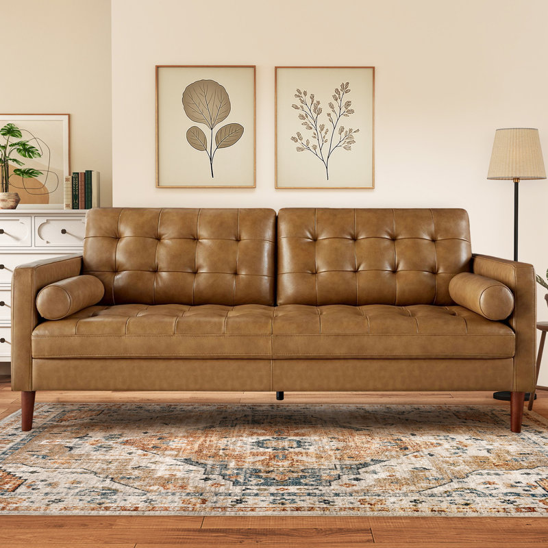 Leather Sofa,Genuine Leather Sofa,3 Seater Sofa,Mid-Century Modern Couch, Brown