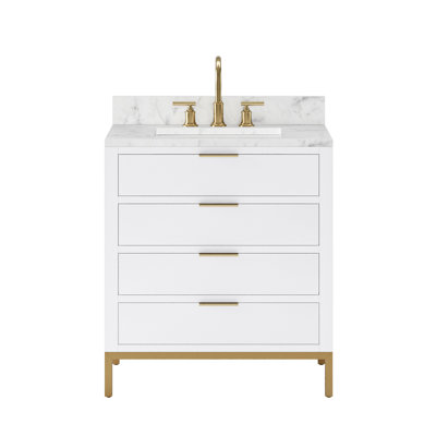 Bristol 30 In. Single Sink Carrara White Marble Countertop Bath Vanity In Pure White With Satin Gold Gooseneck Faucet