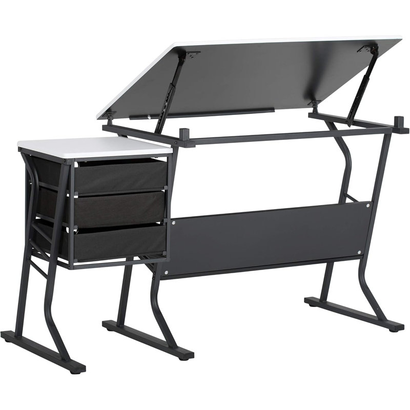Studio Designs Eclipse Adjustable Drafting Table With Slide-Up Pencil Ledge, Under Desk Storage Shelf, And Included Padded Stool