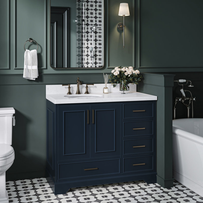 42.25'' Single Bathroom Vanity with Carrara Quartz Top, Midnight Blue
