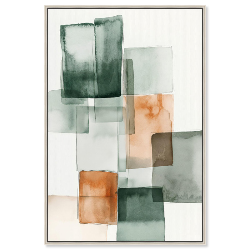 Citrine cube II, art abstrait vert , H 16 po x l 11 po, Cadre argenté