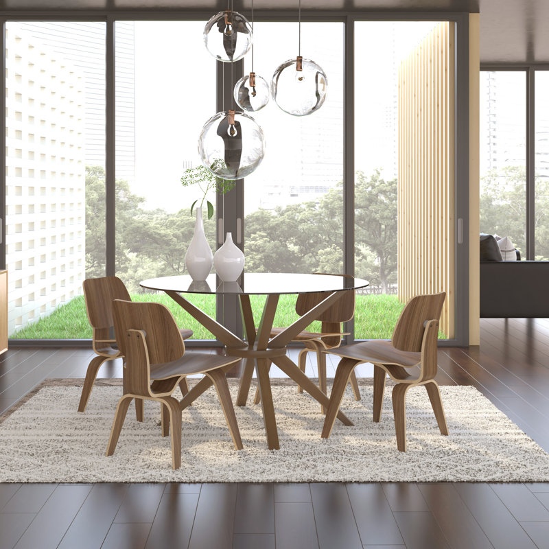 Barclee Round Glass Top Solid Wood Base Dining Table, Walnut